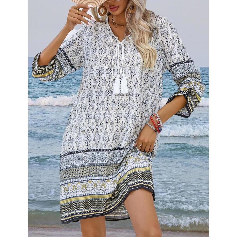 IT Bohemian Style Long Sleeve Dress with Tassel Tie